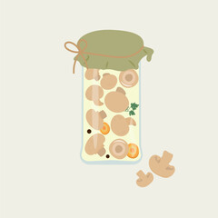 Pickled champignons in glass jar with carrot and parsley. Cartoon vector illustration.
