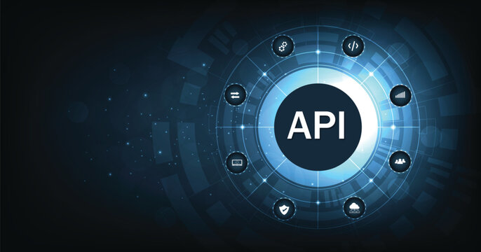  Application Programming Interface (API). Software development tools, information technology, modern technology, internet, and networking concept on dark blue background.	