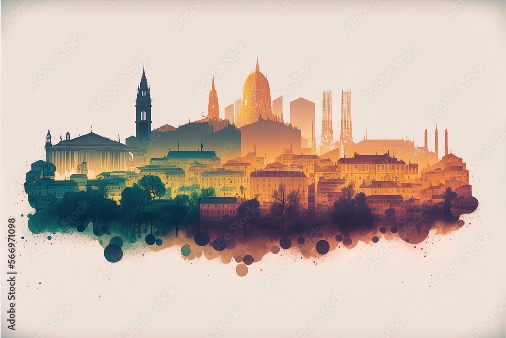 Poster translucent layers, a gradient skyline, and recognizable landmarks in lyon. generative ai