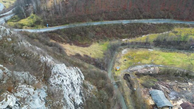 Drone flight over spectacular Banitei gorge, geological formation near Petrosani town, Romania, Europe.