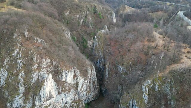 Aerial footage over Crivadia spectacular gorge, geological formation near Petrosani, Romania.