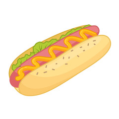 Vector illustration of cartoon american hot dog with mustard isolated on white background.
