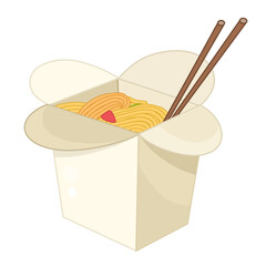 Vector illustration of asian food in a box with noodles on white background.

