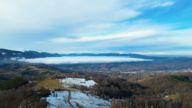 Drone flight in vicinity of Petrosani town, Hunedoara county, Romania, Europe.