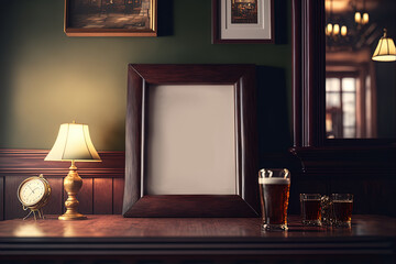 Mockup of wooden frame in warm Irish pub interior