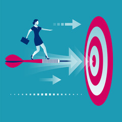 Businesswoman with briefcase standing on the dart to achieve business goal, concept. Aim in business. Vector illustration flat design. Solution to achieve mission. Direction victory. Aiming to target.