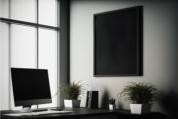 Mockup of black frame in office interior