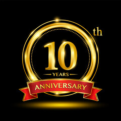 10th Anniversary logo design with golden ring and red ribbon for anniversary celebration event. Logo Vector Template Illustration