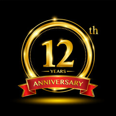 12th Anniversary logo design with golden ring and red ribbon for anniversary celebration event. Logo Vector Template Illustration