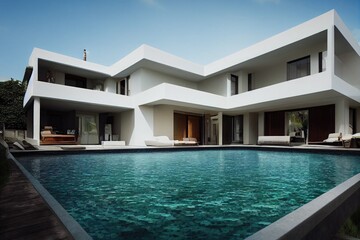Fototapeta premium Luxury pool villa spectacular contemporary design digital art real estate , home, house and property, Generative AI illustration.