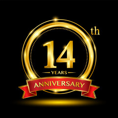 14th Anniversary logo design with golden ring and red ribbon for anniversary celebration event. Logo Vector Template Illustration