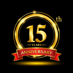 15th Anniversary logo design with golden ring and red ribbon for anniversary celebration event. Logo Vector Template Illustration