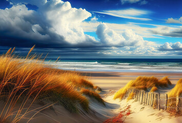 Sunny beach with sand dunes, dry grass and blue sky on the sunset. Generative AI