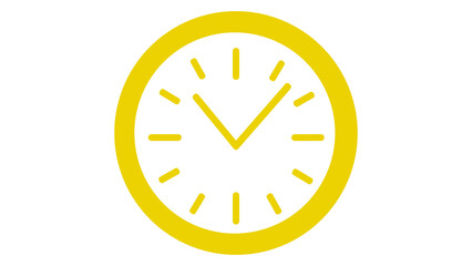 Clock icon. Simple flat clock style. Wall clock round dial, yellow analog clock with arrow and notches