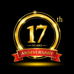 17th Anniversary logo design with golden ring and red ribbon for anniversary celebration event. Logo Vector Template Illustration
