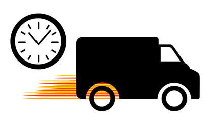 Black delivery truck icon on a white background. Black clock icon. Speed truck. Delivery speed. Food delivery, parcel delivery. Transport delivery. Logistics.