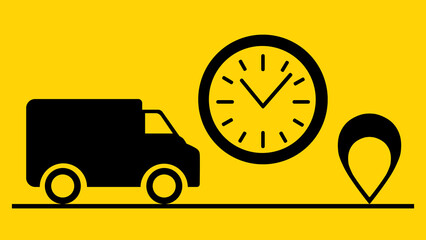 Black clock icon. On a yellow background. Delivery truck icon. Destination icon. Delivery speed. Food delivery, parcel delivery. Transport delivery. Logistics. 