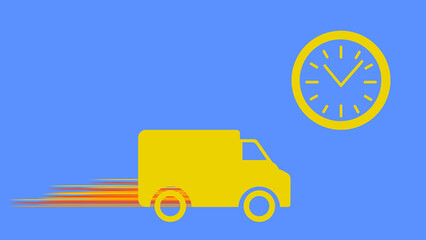 Delivery truck icon in yellow. Yellow clock icon. Moving towards the destination. On a blue background. destination. Delivery. Road. Logistics. Package