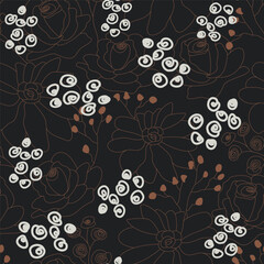 Seamless pattern with  summer flowers in subdued color palette on black background. Linear hand drawn vector illustration.