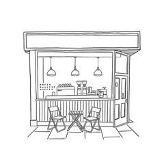 Cafe restaurant Front shop with table and seat Hand drawn line art illustration