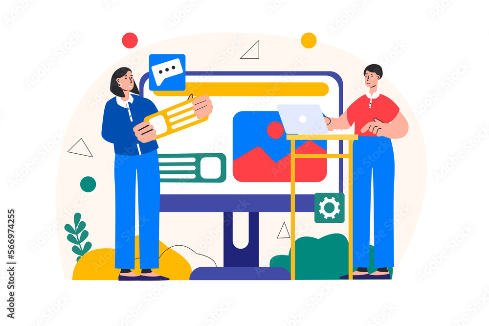 Poster web design concept with people scene in the flat cartoon style. two employees are working on the dev
