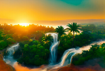 Palm trees against sunset sky, tropical coast with waterfall and mountains on a background, river, lake. Generative AI