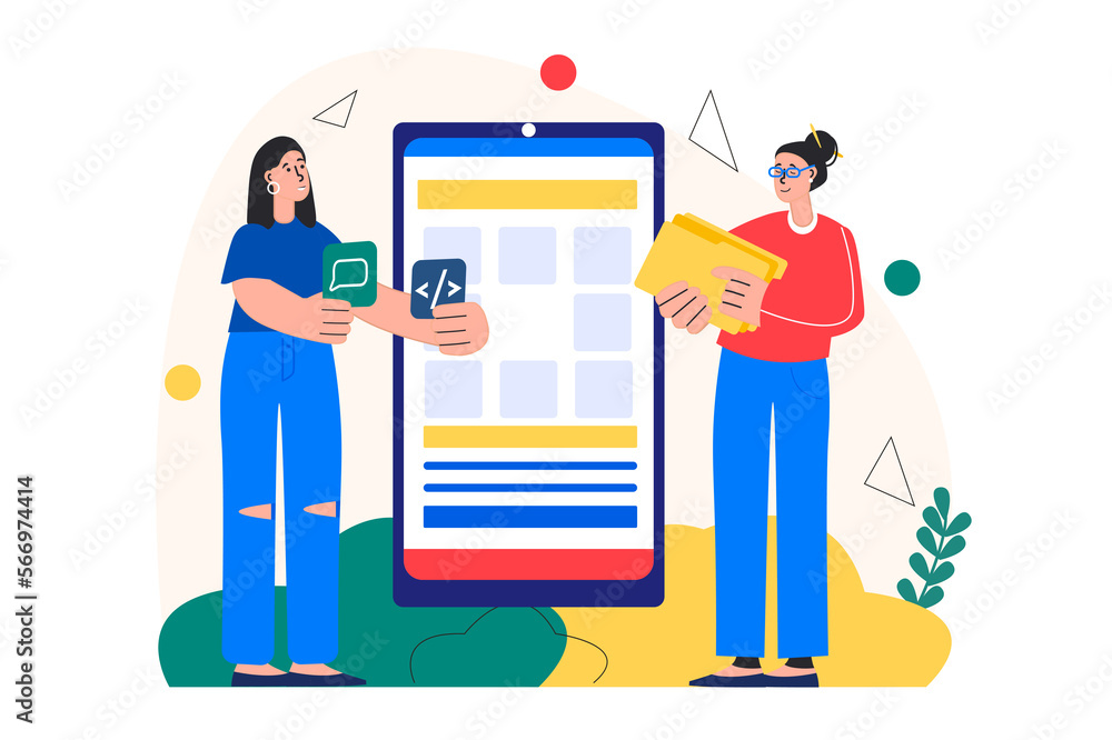 Aufkleber concept app development with people scene in the flat cartoon design. two workers check all customer