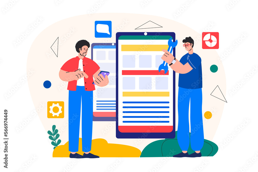 Poster app development concept with people scene in the flat cartoon style. two programmer work with site s