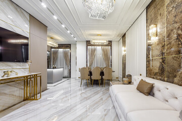 Living room in rich modern home with italian marble floor