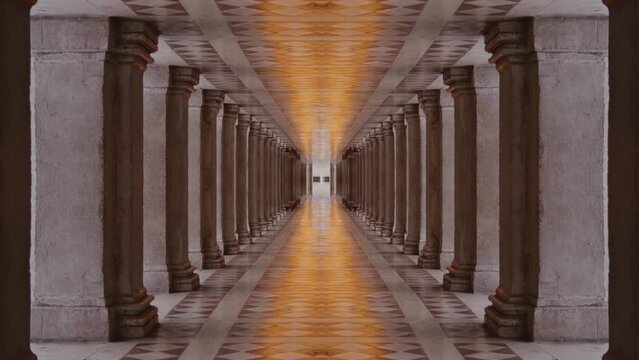 Venetian tunnel with ancient columns and marble on the floor and ceiling.