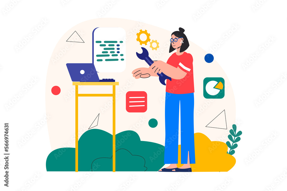 Poster concept programmer working with people scene in the flat cartoon design. girl is ready to correct er