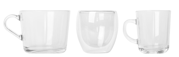 a set of glass mugs of different sizes Small and large mugs. Empty glass mugs. PNG. Without...