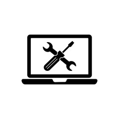 Computer icon with wrench and screwdriver on screen. Computer repair services, settings, technical support concepts. Vector illustration.