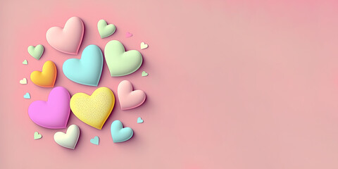 Colorful hearts on pink background. Cartoon style drawing. Banner with place for text. Valentine's Day greeting card. Generative AI.