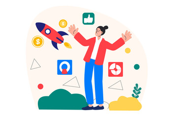 Concept Business startup with people scene in the flat cartoon style. Girl watches how her project is gaining success.