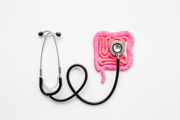 Digestive colon system health concept. Intestines shape made of plasticine with stethoscope