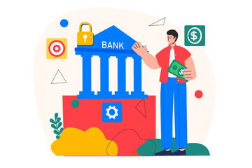 Mobile banking concept with people scene in the flat cartoon design. Man deposits funds into his bank account to pay for goods over the phone.