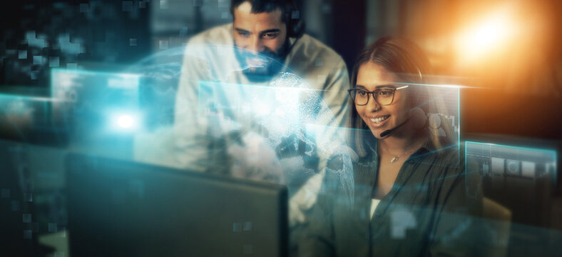 Creative business people, global digital transformation and hologram for telemarketing or future networking at night with lens flare. Consultants smiling for big data, innovation or online startup - Powered by Adobe