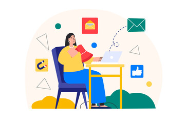 Email marketing concept with people scene in the flat cartoon design. Employee advertises goods and services while sitting at home and sending e-mails.