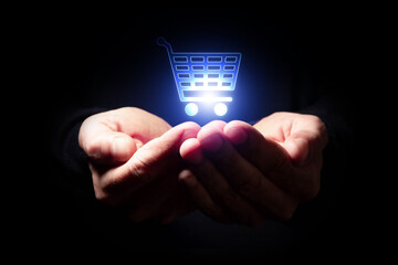 mani unite, icona cestino, acquisti online, commercio elettronico