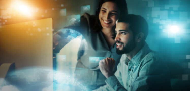 Creative business people, digital marketing and social networking for future development at night in double exposure. Happy developers smiling for cybersecurity big data, innovation or online startup