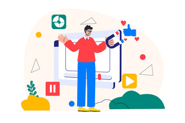 Concept Video marketing with people scene in the flat cartoon design. Man distributes video of new products and services on the Internet.