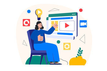 Concept Video marketing with people scene in the flat cartoon style. Employee edits a new video for customers.