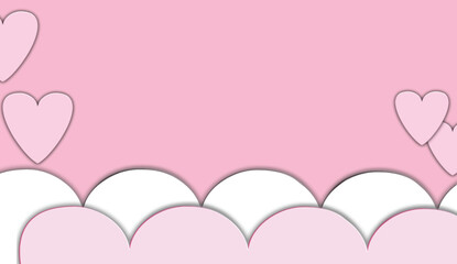 pink hearts and clouds background, illustration hearts and clouds romantic concept, top view. Beautiful clouds and hearts on pastel pink background composition. Valentines Day greeting card concept