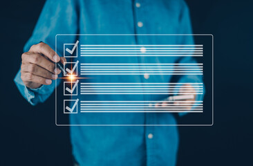 Businessman working in office Document Management System and process automation to efficiently manage file, Digital work checklist on virtual screen concept.