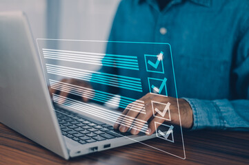 Businessman working in office Document Management System and process automation to efficiently manage file, Digital work checklist on virtual screen concept.