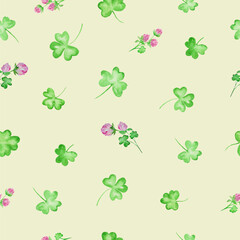 Watercolor seamless pattern for St. Patrick Day. Hand drawn clover  illustration isolated on an olive background background. For packaging, wrapping design or print