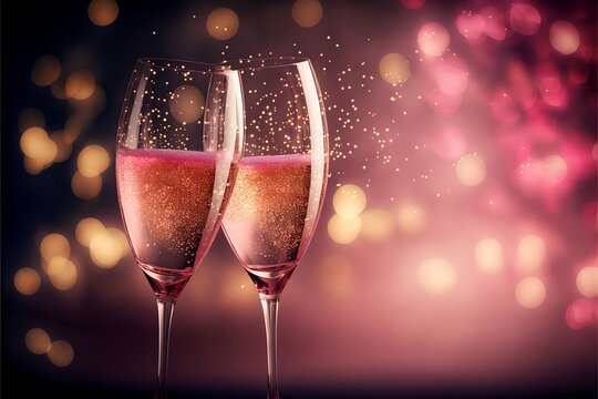 Valentine's Day celebration toast...Valentine's day toast, pink champagne glasses close up, pink bokeh lights background. AI generated image.