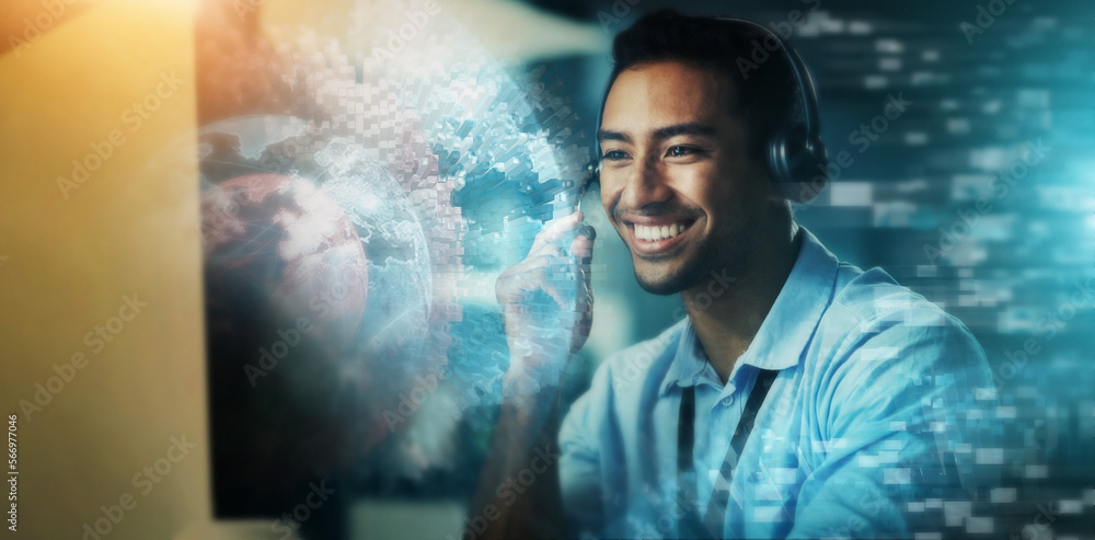 Aufkleber Call center, digital hologram and man in communication, telemarketing and global networking sales. Night virtual consultant, agent or telecom person with futuristic overlay or web business consulting