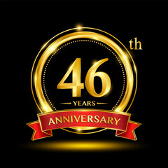46th Anniversary logo design with golden ring and red ribbon for anniversary celebration event. Logo Vector Template Illustration